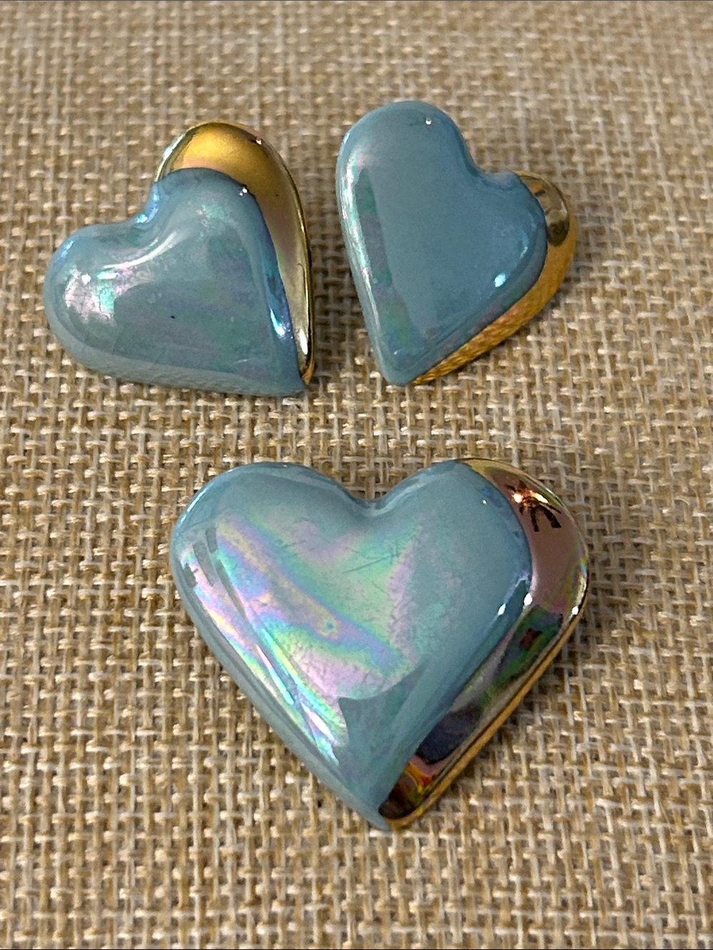 Iridescent ceramic Aqua Heart Pin & Earrings Set hand painted goldtone edges